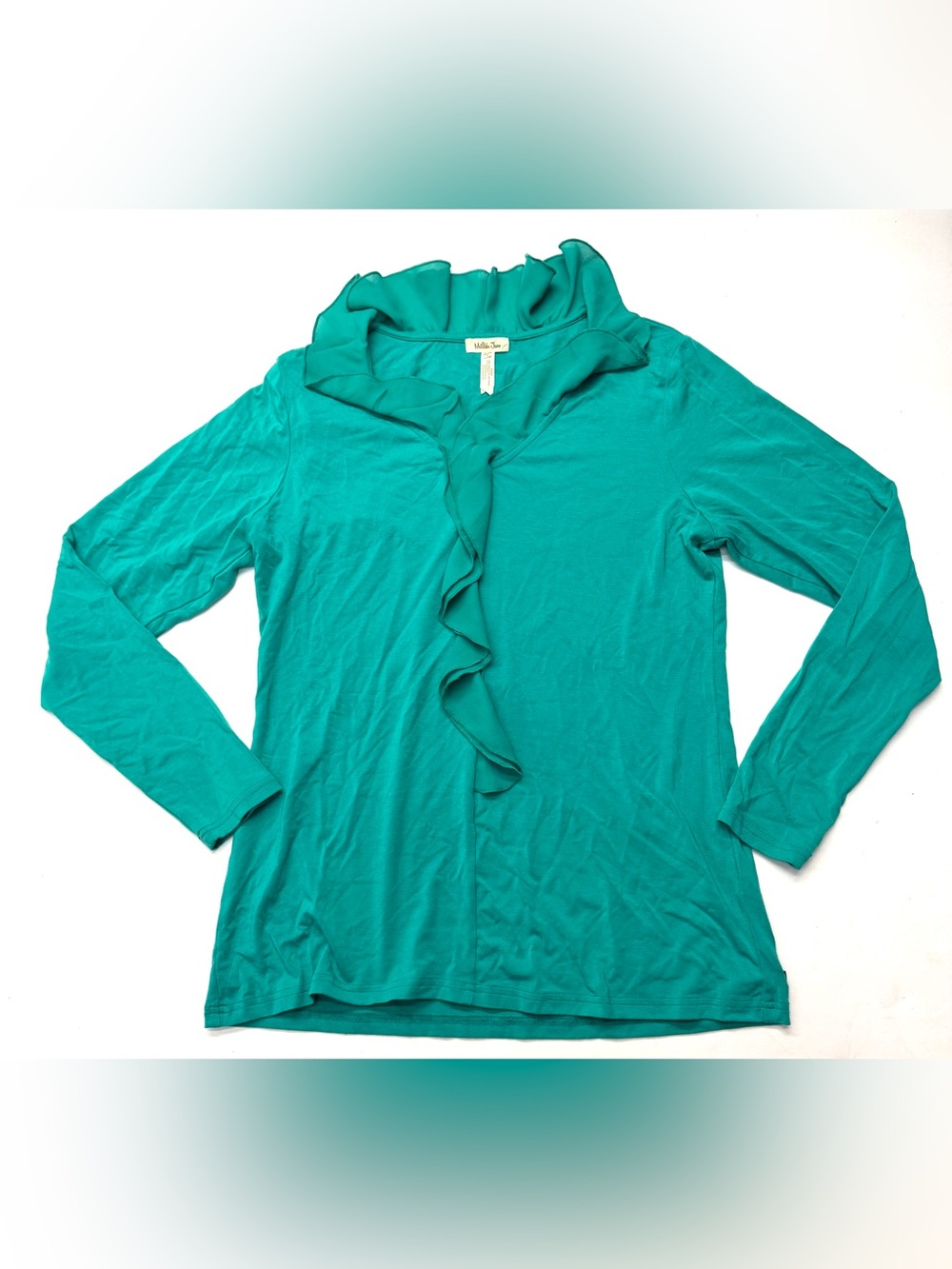 Matilda Jane Teal Ruffle-Front Long Sleeve Britta Top Blouse Friends Forever